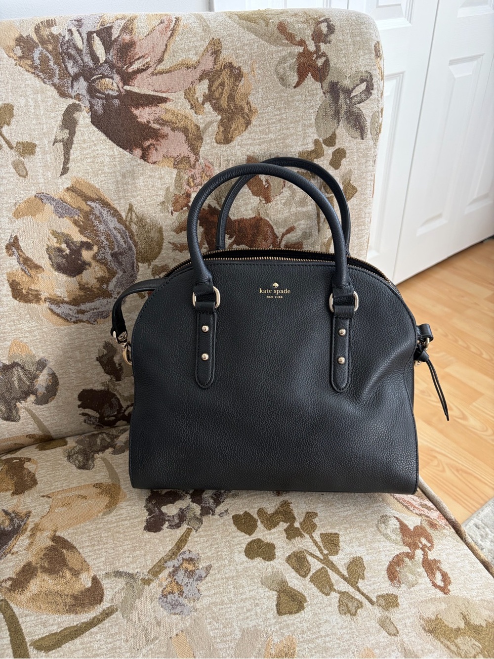 kate spade Black Pebbled Leather Satchel with Gold Logo